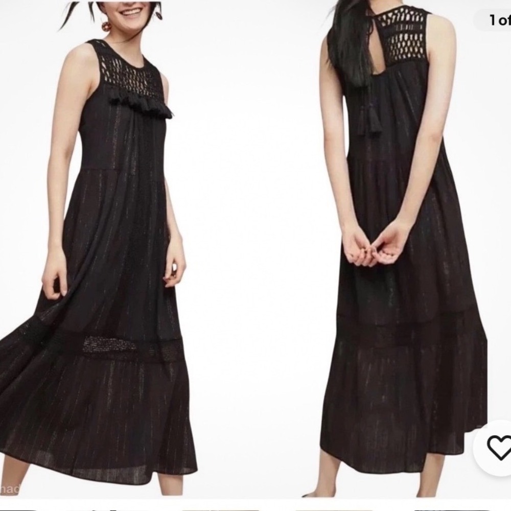 Maeve Anthropologie Black Metallic Stripe Boho Crochet Tassel Maxi Dress Small